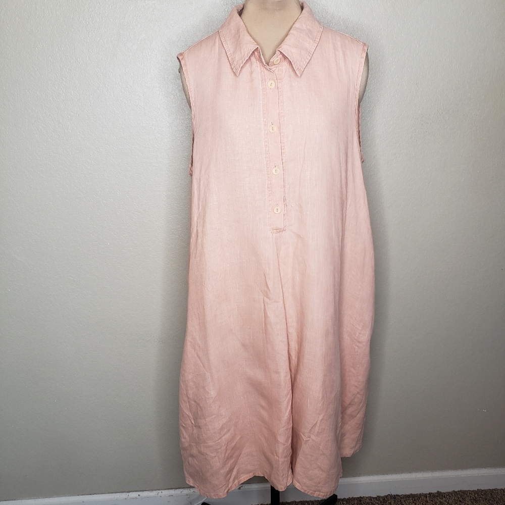 FLAX 100% Linen Sleeveless Collared Dress Medium Peach Pink